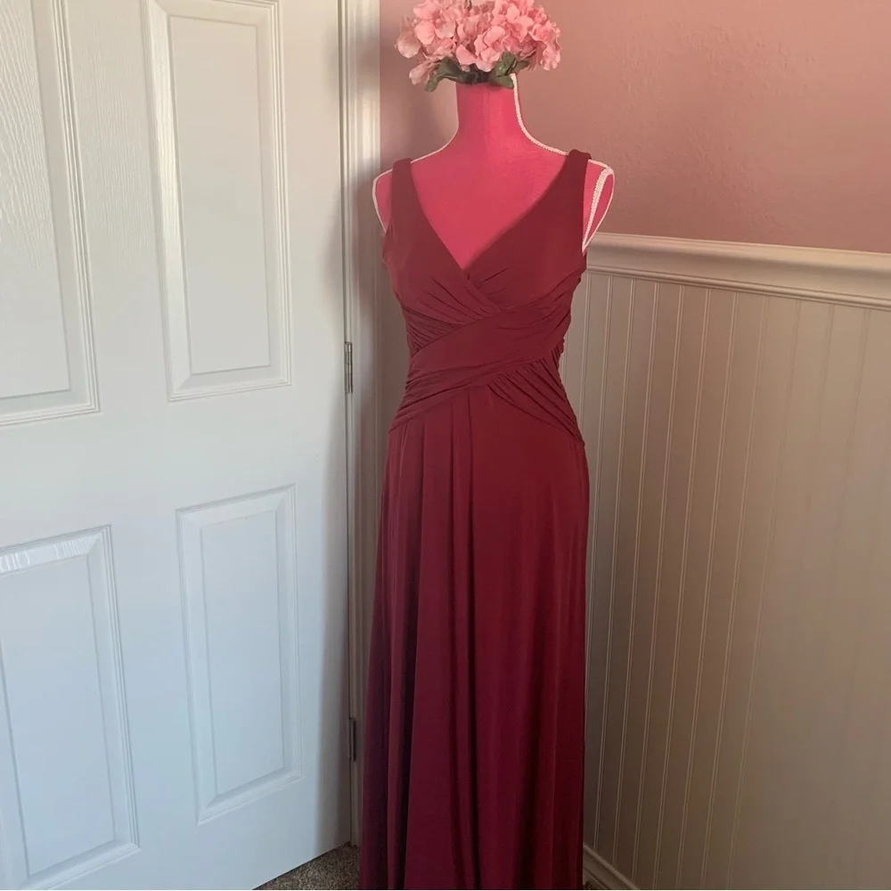 Red Stretchy Nylon Formal Gown with Gathered Waist, roughly size M - Picture 1 of 8